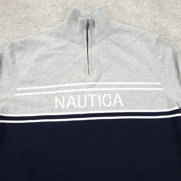 Nautica Sweater Mens Large Gray Blue Cotton Long Sleeve 1/4 Zip Mock Neck - Picture 2 of 9